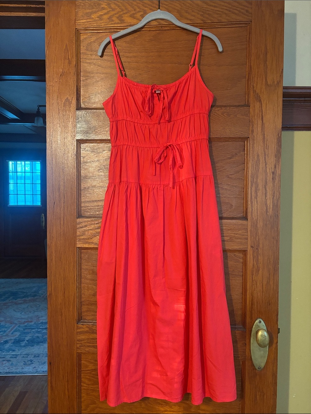 Red Tiered Midi Dress with Tie-Front - Unbranded